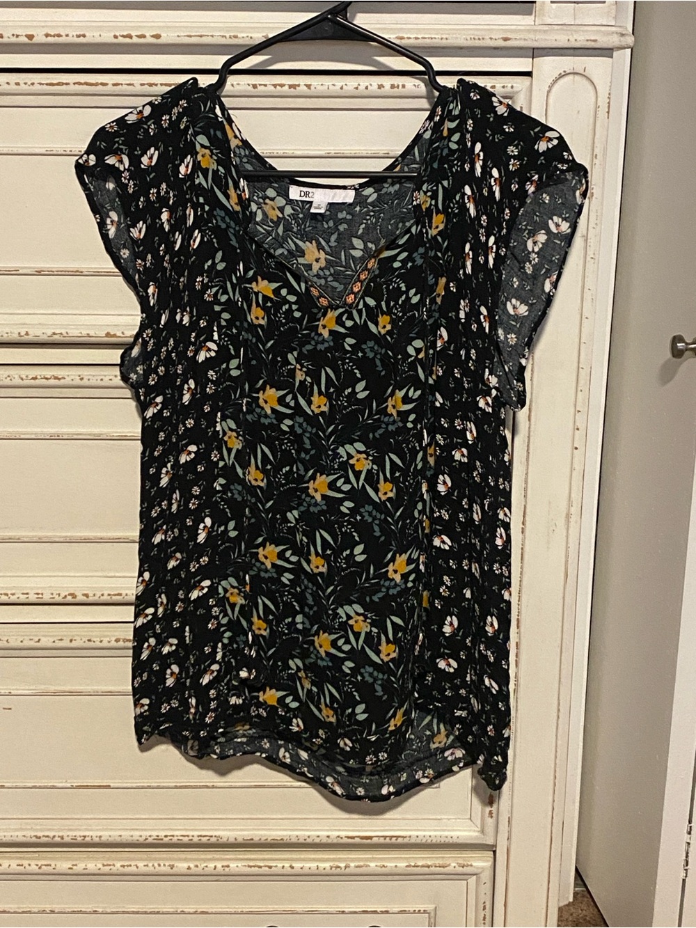 DR2 Black Floral V-Neck Flutter Sleeve Blouse with Yellow Accents